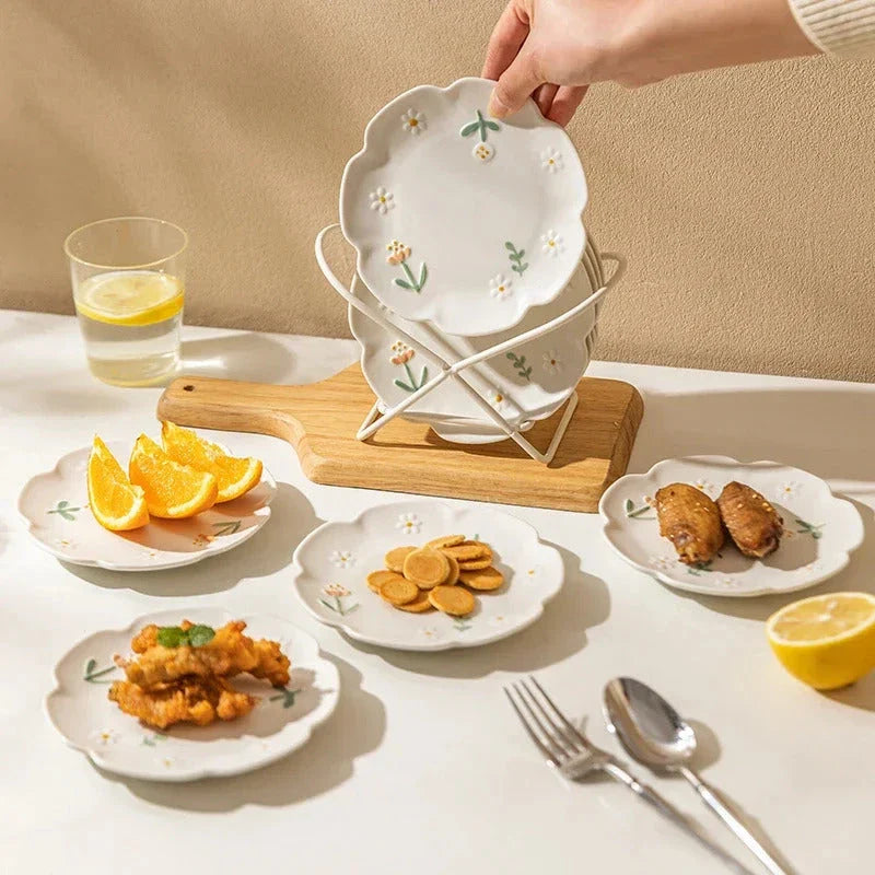 Chic Daisy Design Ceramic Plates Set - 6-inch plates with elegant floral pattern for serving desserts, appetizers, and more