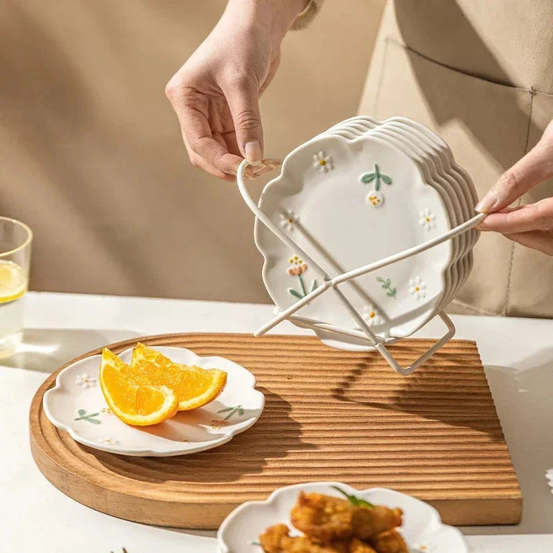 Chic Daisy Design Ceramic Plates Set - 6-inch plates with elegant floral pattern for serving desserts, appetizers, and more