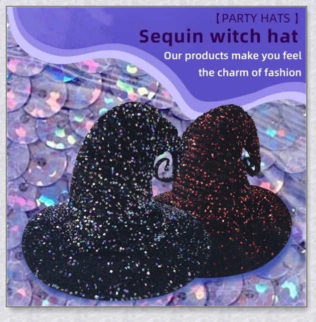 A red and multicolour sequin witch hat with an adjustable fit, perfect for Halloween, masquerade, and themed parties