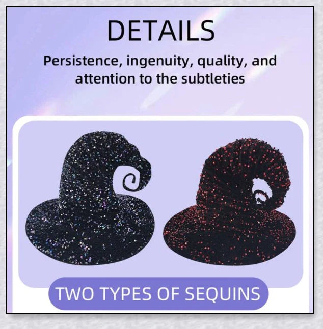 A red and multicolour sequin witch hat with an adjustable fit, perfect for Halloween, masquerade, and themed parties