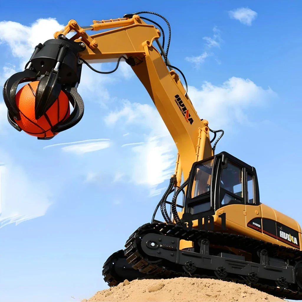 A remote-controlled excavator toy with interchangeable attachments for grabbing wood balls and other objects