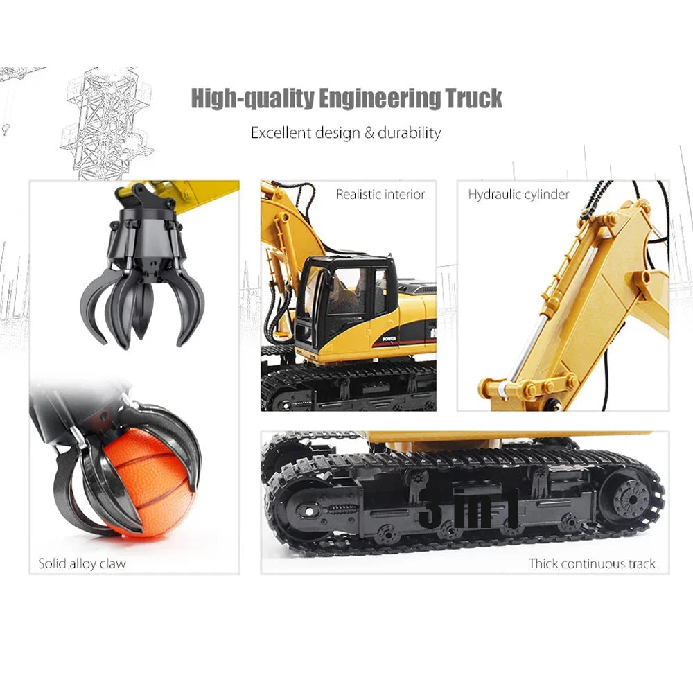 A remote-controlled excavator toy with interchangeable attachments for grabbing wood balls and other objects