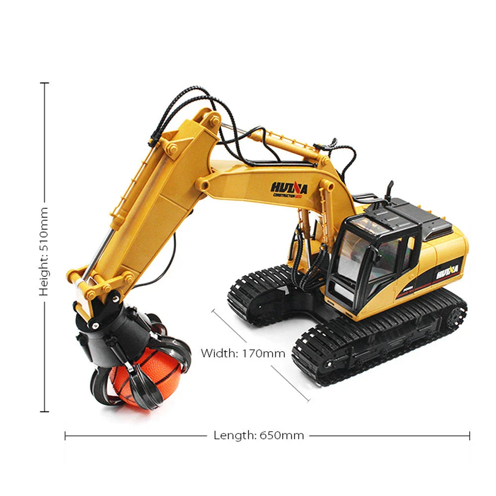 A remote-controlled excavator toy with interchangeable attachments for grabbing wood balls and other objects