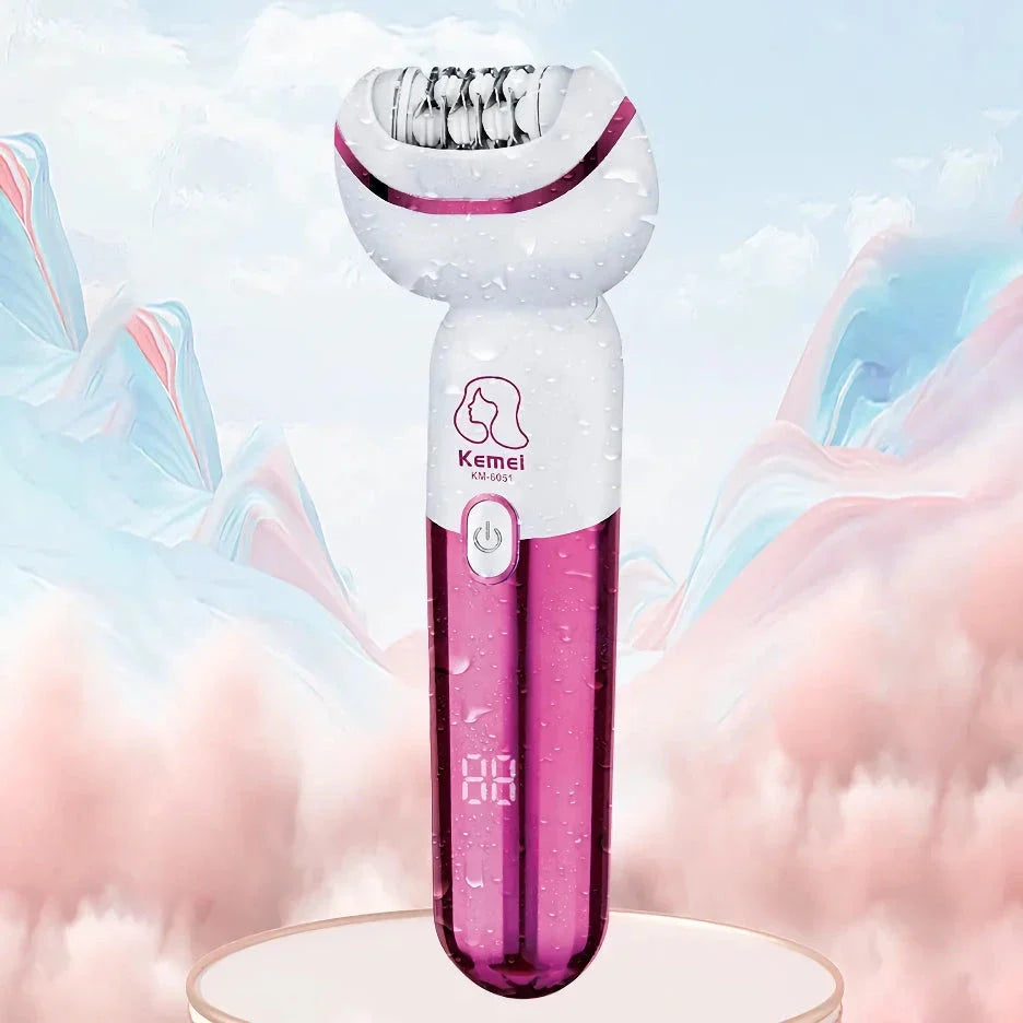 Kemei 5-IN-1 Rechargeable Hair Removal Epilator with multiple interchangeable heads for epilation, shaving, callus removal, facial massage, and cleaning