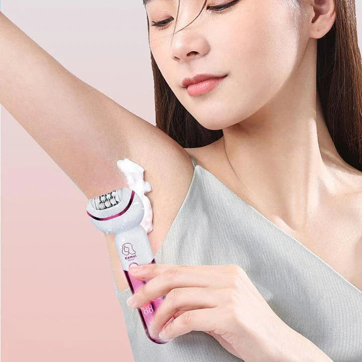 Kemei 5-IN-1 Rechargeable Hair Removal Epilator with multiple interchangeable heads for epilation, shaving, callus removal, facial massage, and cleaning