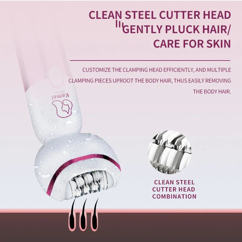 Kemei 5-IN-1 Rechargeable Hair Removal Epilator with multiple interchangeable heads for epilation, shaving, callus removal, facial massage, and cleaning