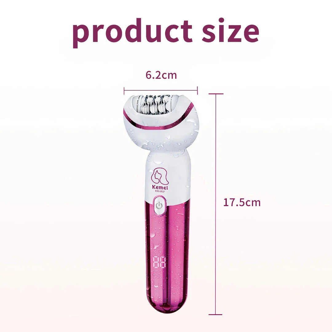Kemei 5-IN-1 Rechargeable Hair Removal Epilator with multiple interchangeable heads for epilation, shaving, callus removal, facial massage, and cleaning