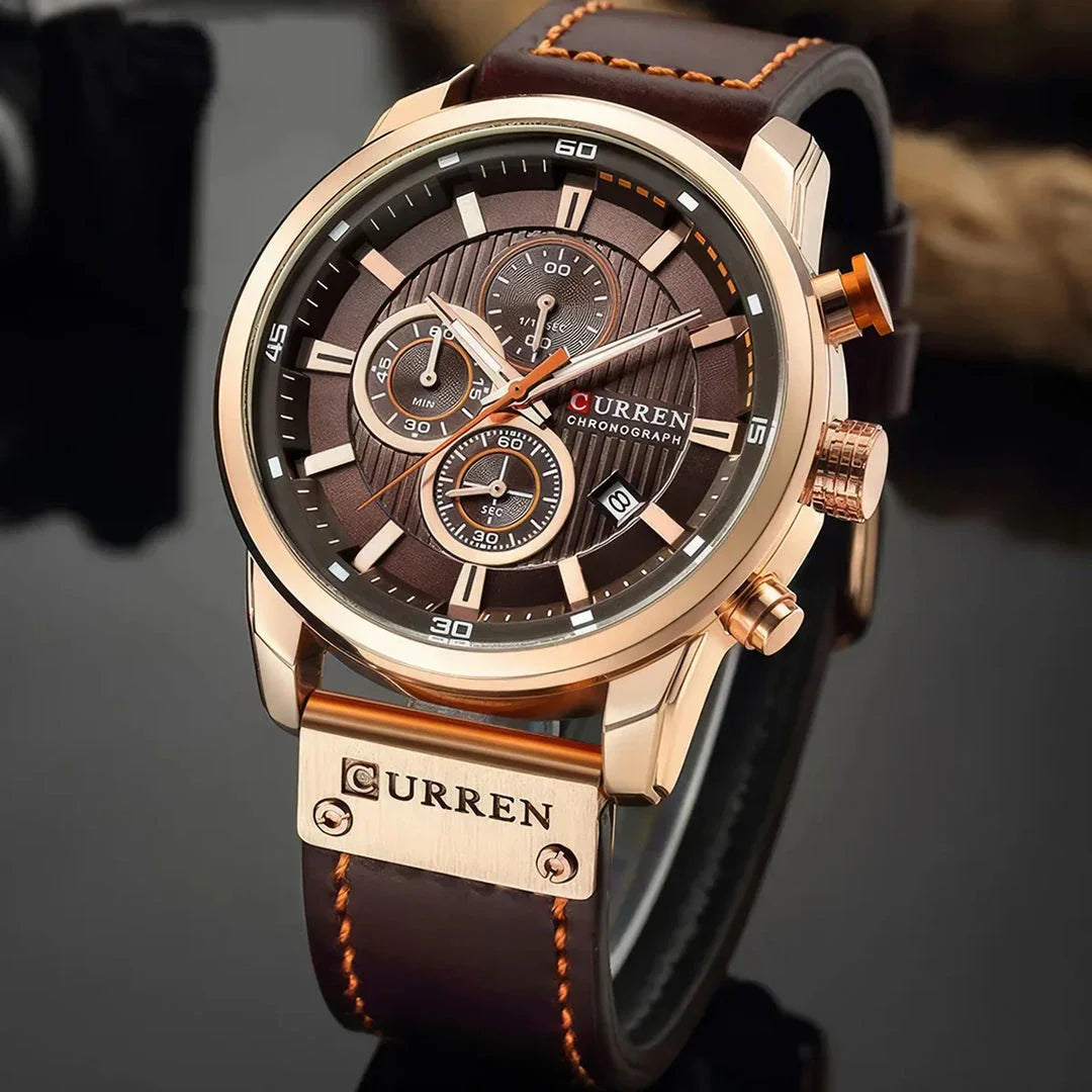 A sophisticated men's leather sports chronograph watch with a sleek round design and multiple sub-dials for enhanced functionality.