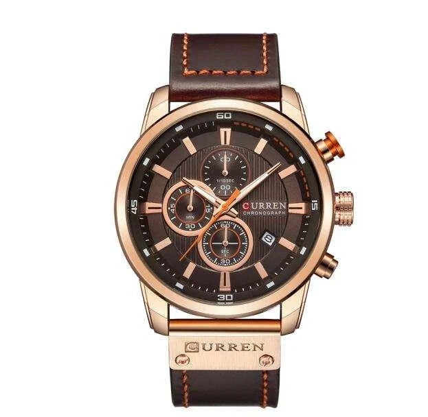 A sophisticated men's leather sports chronograph watch with a sleek round design and multiple sub-dials for enhanced functionality.