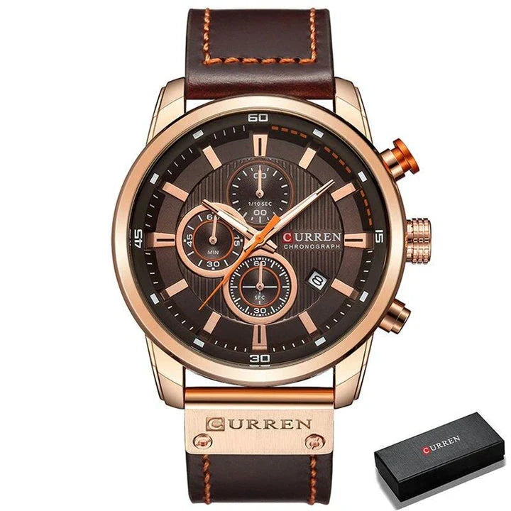 A sophisticated men's leather sports chronograph watch with a sleek round design and multiple sub-dials for enhanced functionality.