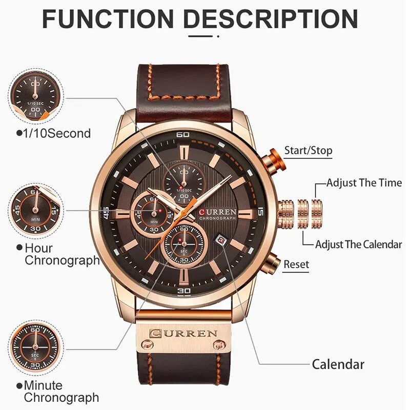 A sophisticated men's leather sports chronograph watch with a sleek round design and multiple sub-dials for enhanced functionality.