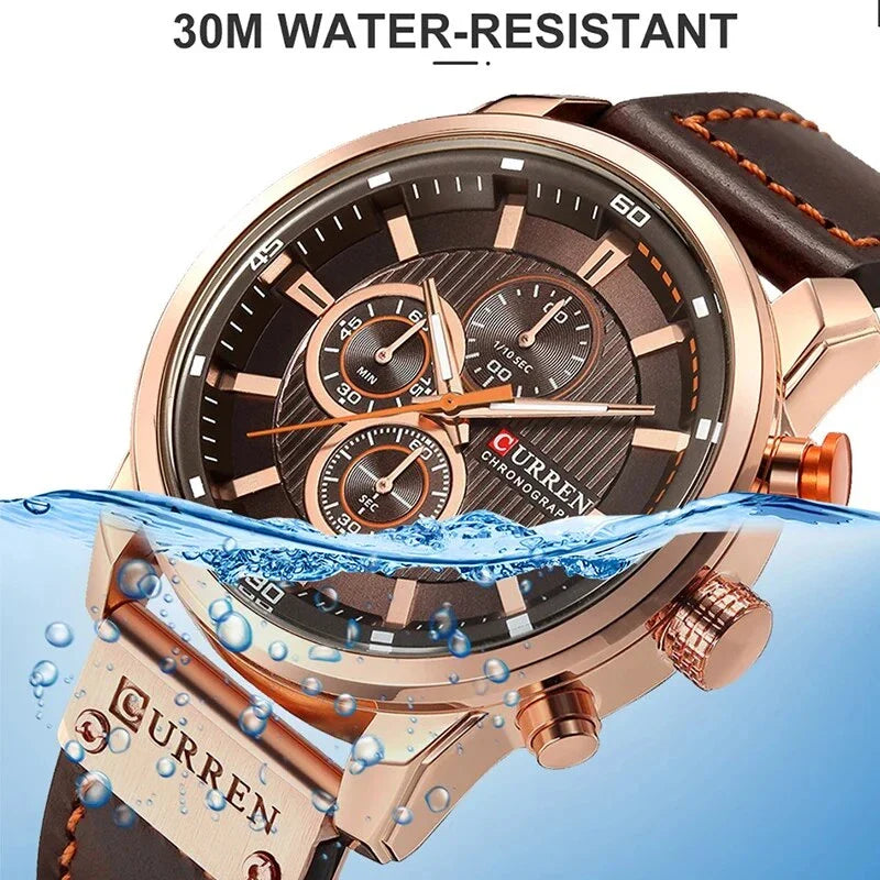 A sophisticated men's leather sports chronograph watch with a sleek round design and multiple sub-dials for enhanced functionality.