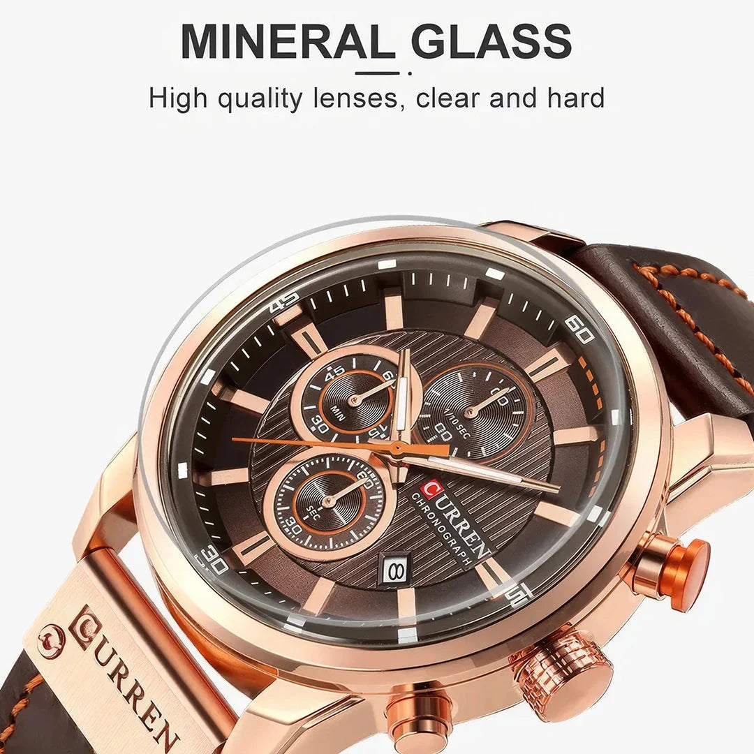 A sophisticated men's leather sports chronograph watch with a sleek round design and multiple sub-dials for enhanced functionality.