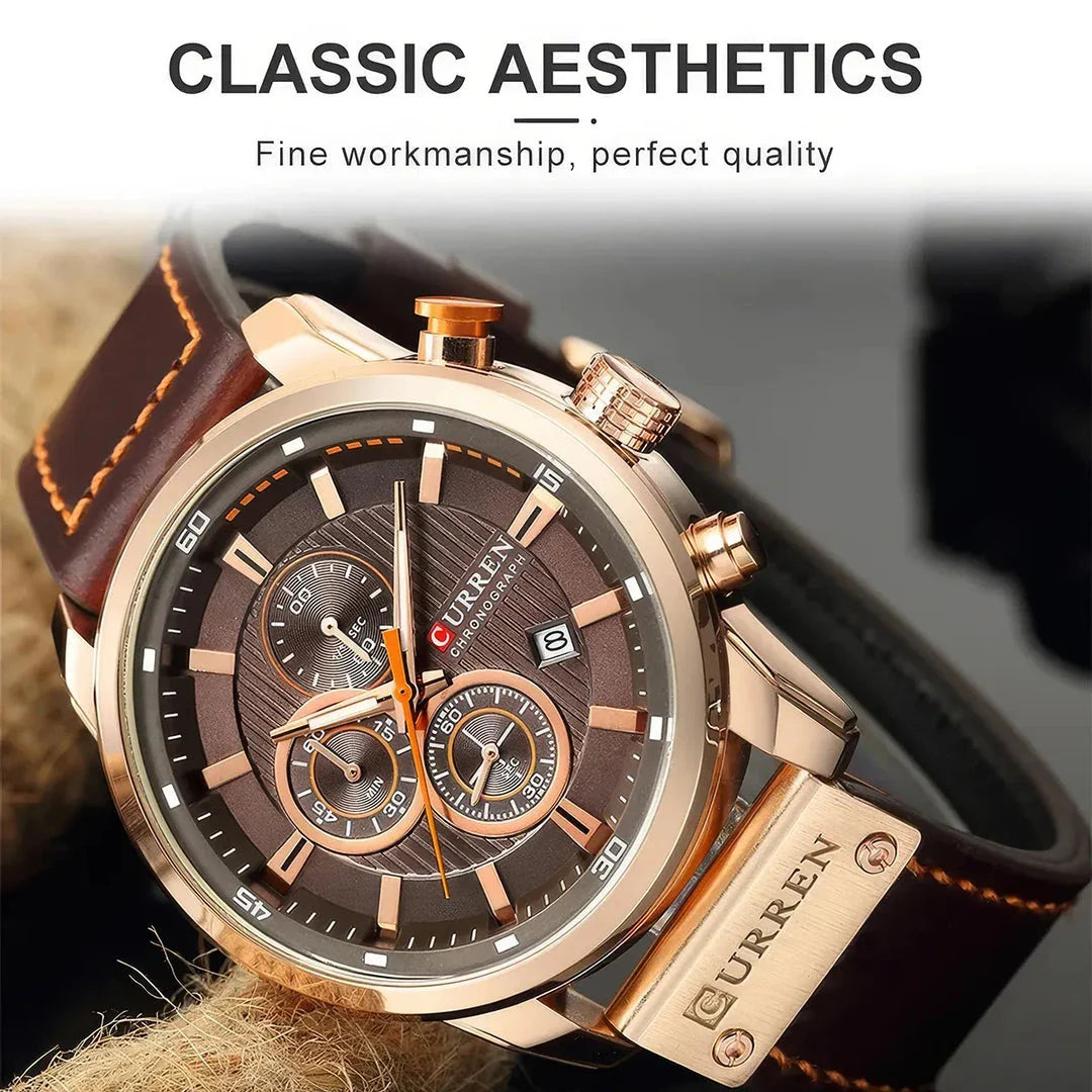 A sophisticated men's leather sports chronograph watch with a sleek round design and multiple sub-dials for enhanced functionality.