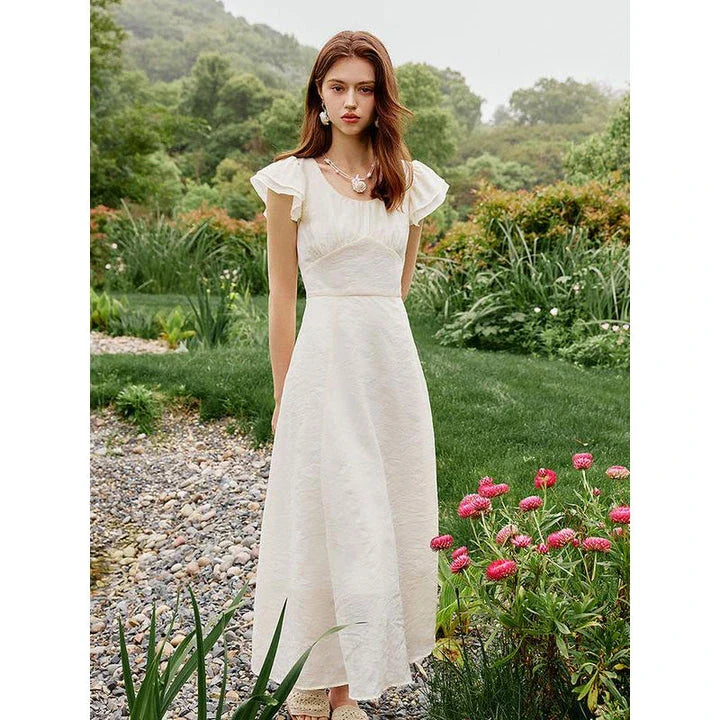 Red plaid high waist summer long dress with elegant petal sleeves and A-line silhouette
