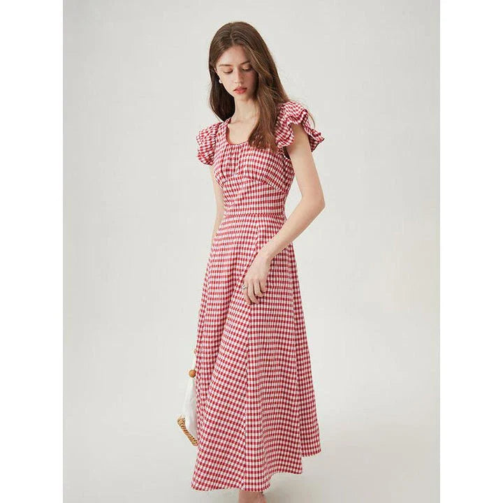 Red plaid high waist summer long dress with elegant petal sleeves and A-line silhouette