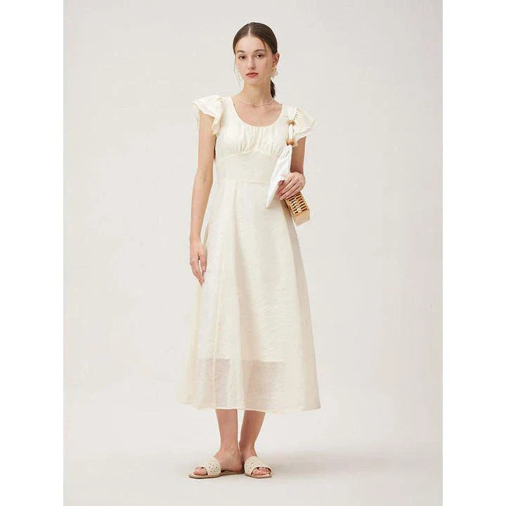 Red plaid high waist summer long dress with elegant petal sleeves and A-line silhouette
