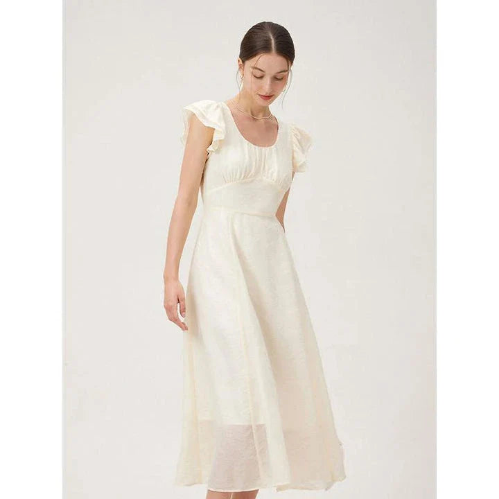 Red plaid high waist summer long dress with elegant petal sleeves and A-line silhouette
