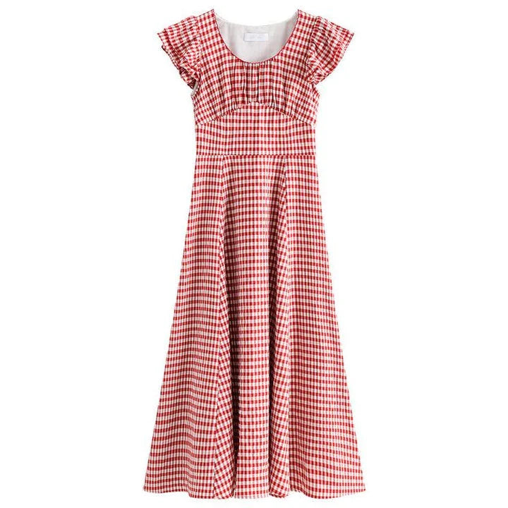 Red plaid high waist summer long dress with elegant petal sleeves and A-line silhouette
