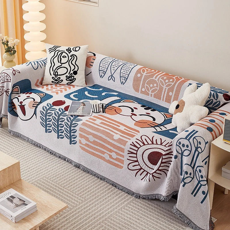 Charming cartoon cat sofa covers in Nordic style with soft, dustproof design