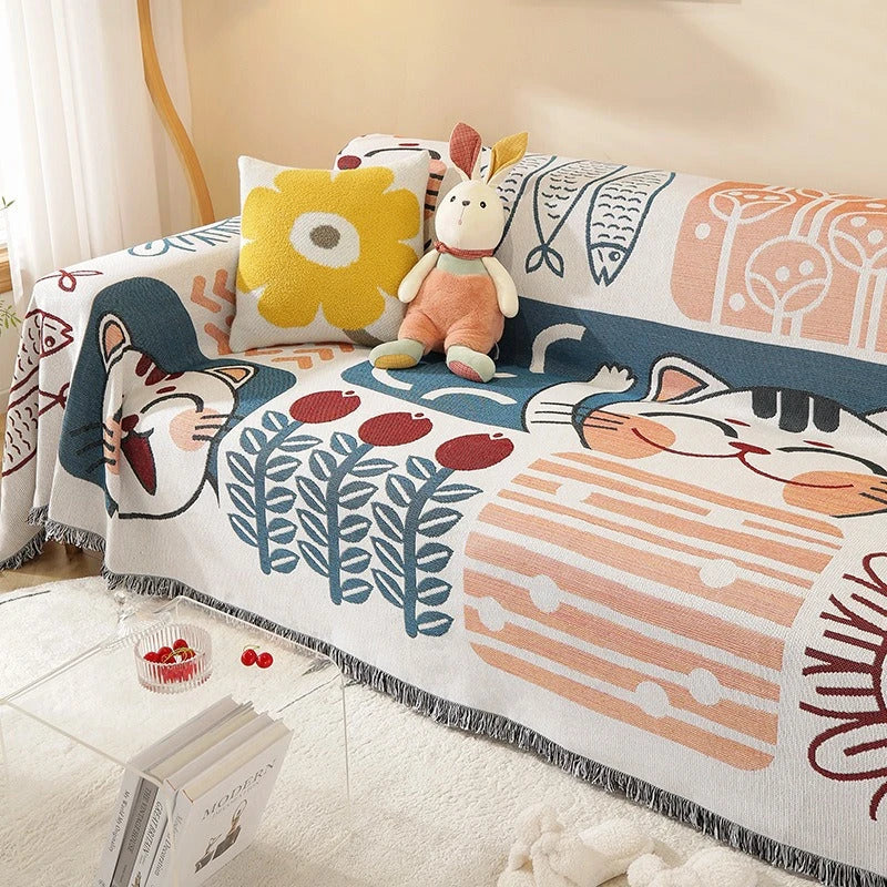 Charming cartoon cat sofa covers in Nordic style with soft, dustproof design