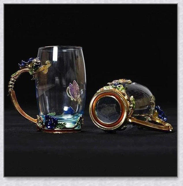Handmade enamel mug with butterfly and rose designs, complete with golden trimming