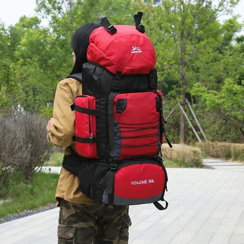 Men's Outdoor Hiking Bag with 90L large capacity, featuring a durable polyester construction and cover-type opening for easy access to your gear.