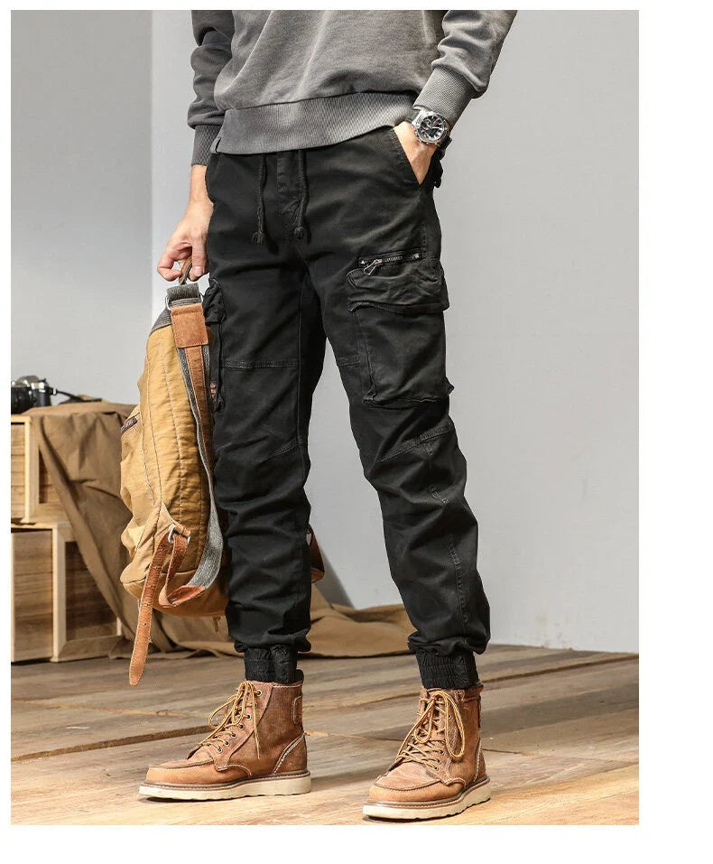 American Straight Multi-pocket Lace Trousers in gray, featuring premium cotton construction and subtle lace accents for a refined British-inspired look.