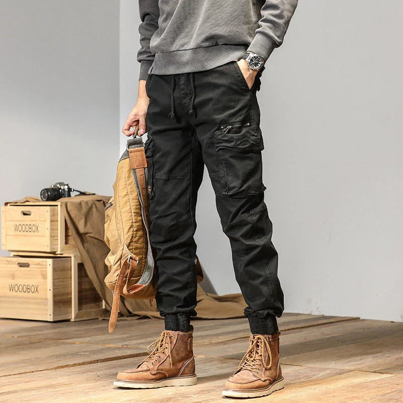 American Straight Multi-pocket Lace Trousers in gray, featuring premium cotton construction and subtle lace accents for a refined British-inspired look.