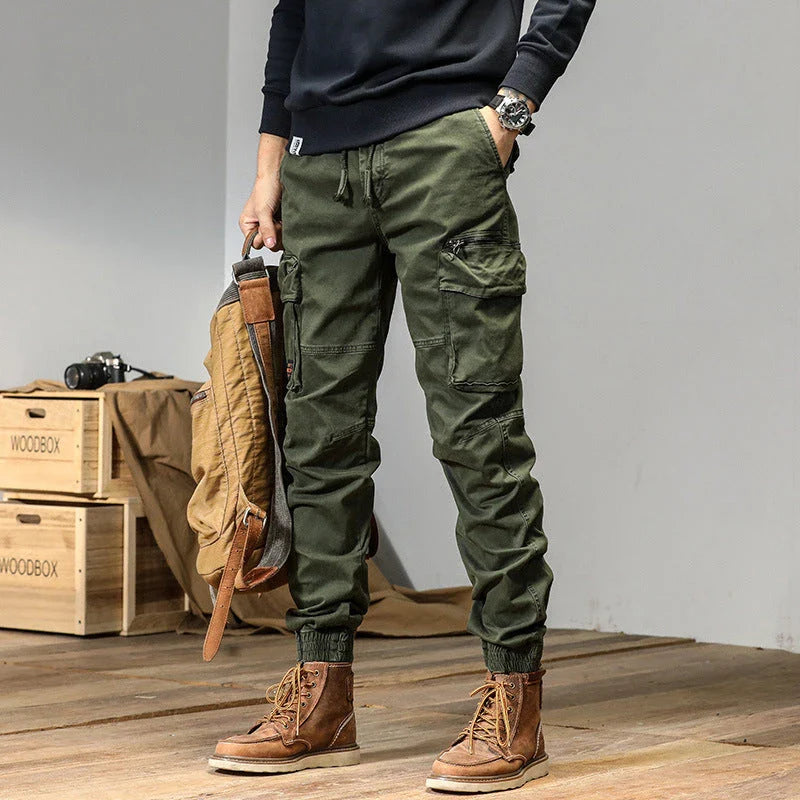 American Straight Multi-pocket Lace Trousers in gray, featuring premium cotton construction and subtle lace accents for a refined British-inspired look.