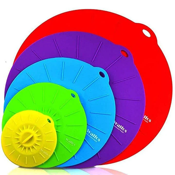 A set of multifunction silicone lids in various sizes, designed to fit a variety of pots, pans, and bowls for versatile kitchen use.