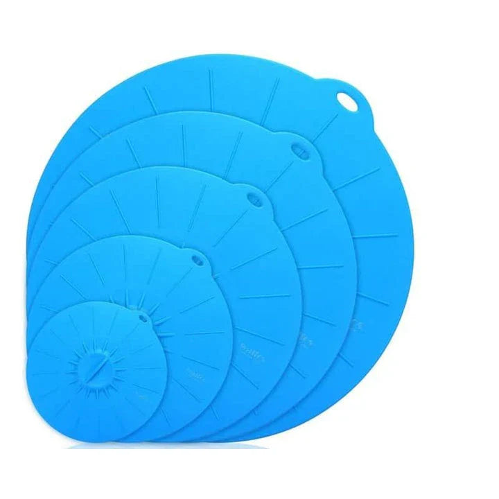 A set of multifunction silicone lids in various sizes, designed to fit a variety of pots, pans, and bowls for versatile kitchen use.