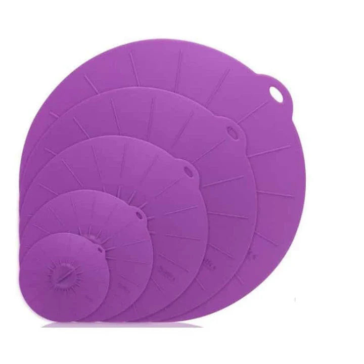 A set of multifunction silicone lids in various sizes, designed to fit a variety of pots, pans, and bowls for versatile kitchen use.