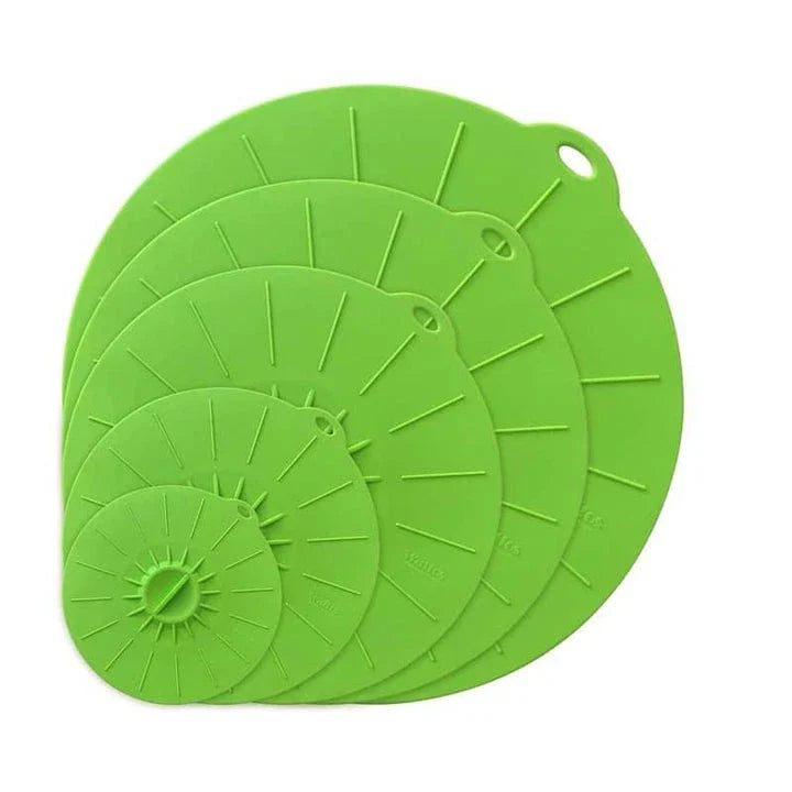 A set of multifunction silicone lids in various sizes, designed to fit a variety of pots, pans, and bowls for versatile kitchen use.