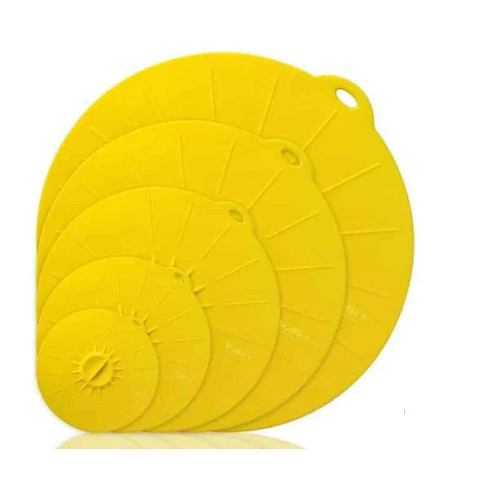 A set of multifunction silicone lids in various sizes, designed to fit a variety of pots, pans, and bowls for versatile kitchen use.