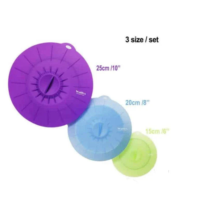 A set of multifunction silicone lids in various sizes, designed to fit a variety of pots, pans, and bowls for versatile kitchen use.