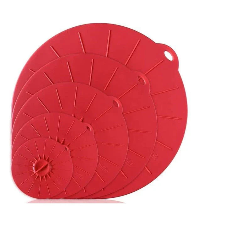 A set of multifunction silicone lids in various sizes, designed to fit a variety of pots, pans, and bowls for versatile kitchen use.