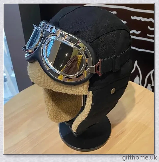 Aviator Hat with Warm Ear Protection Glasses - Premium British-designed winter accessory with thickened material, adjustable ear flaps, and durable windproof glasses