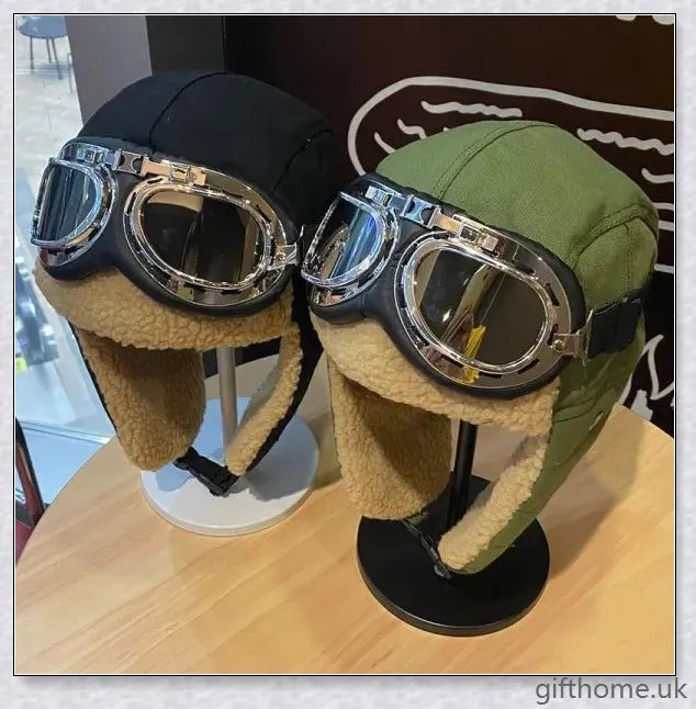 Aviator Hat with Warm Ear Protection Glasses - Premium British-designed winter accessory with thickened material, adjustable ear flaps, and durable windproof glasses