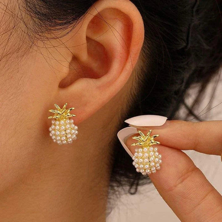 Elegant pearl pineapple stud earrings for women in a white and gold colour scheme