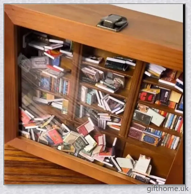 Anxiety Miniature Wooden Bookshelf Toy: A handcrafted wooden bookshelf with whimsical paper books, designed to ease stress and promote relaxation.
