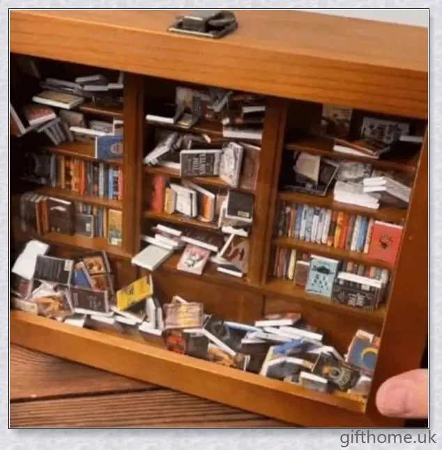 Anxiety Miniature Wooden Bookshelf Toy: A handcrafted wooden bookshelf with whimsical paper books, designed to ease stress and promote relaxation.