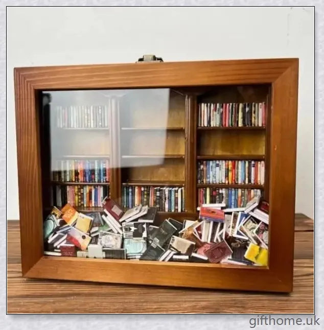 Anxiety Miniature Wooden Bookshelf Toy: A handcrafted wooden bookshelf with whimsical paper books, designed to ease stress and promote relaxation.