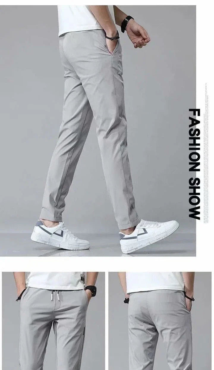 Premium Korean-style drawstring trousers in black, khaki, and dark grey colours, featuring a relaxed, straight-leg silhouette and micro-elastic fabric for comfort and flexibility.