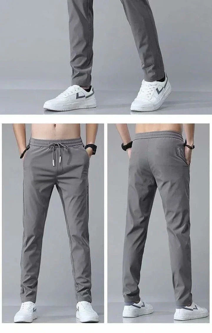 Premium Korean-style drawstring trousers in black, khaki, and dark grey colours, featuring a relaxed, straight-leg silhouette and micro-elastic fabric for comfort and flexibility.