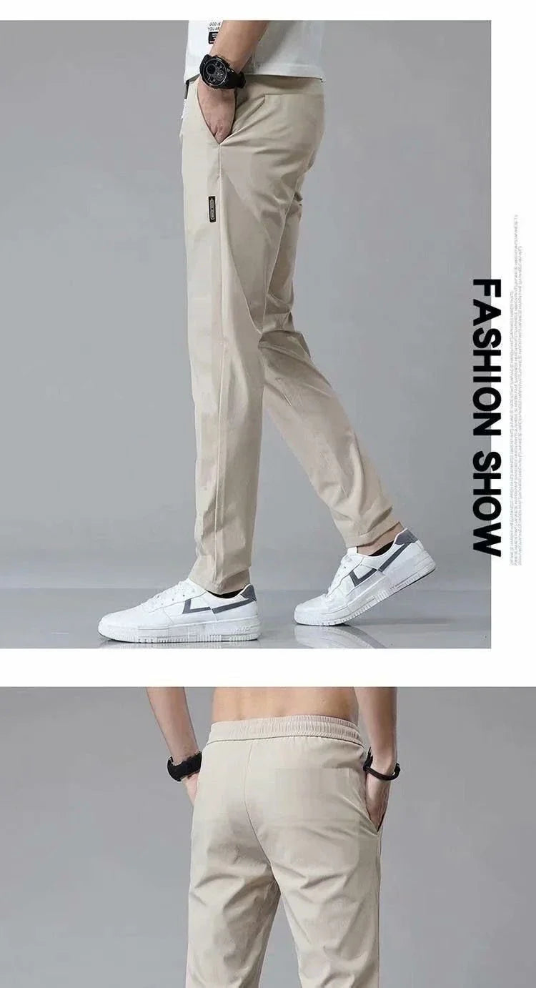 Premium Korean-style drawstring trousers in black, khaki, and dark grey colours, featuring a relaxed, straight-leg silhouette and micro-elastic fabric for comfort and flexibility.