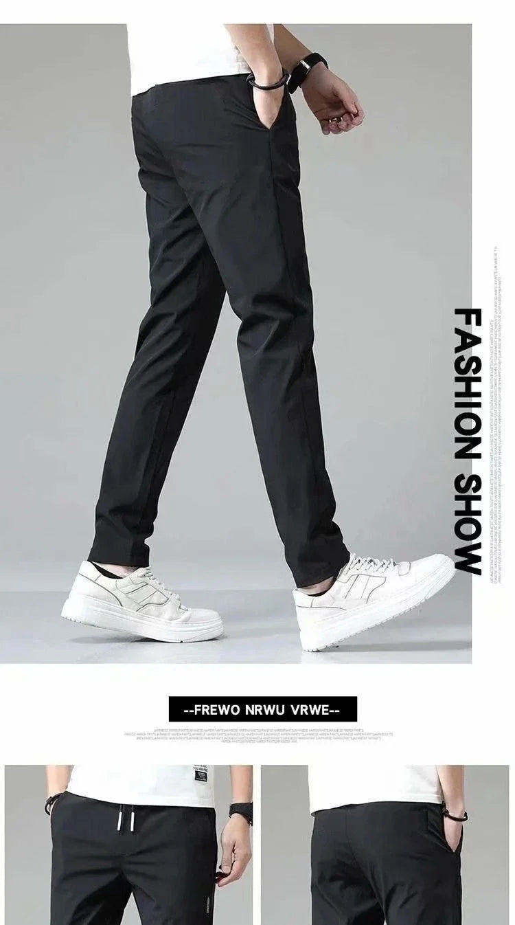 Premium Korean-style drawstring trousers in black, khaki, and dark grey colours, featuring a relaxed, straight-leg silhouette and micro-elastic fabric for comfort and flexibility.