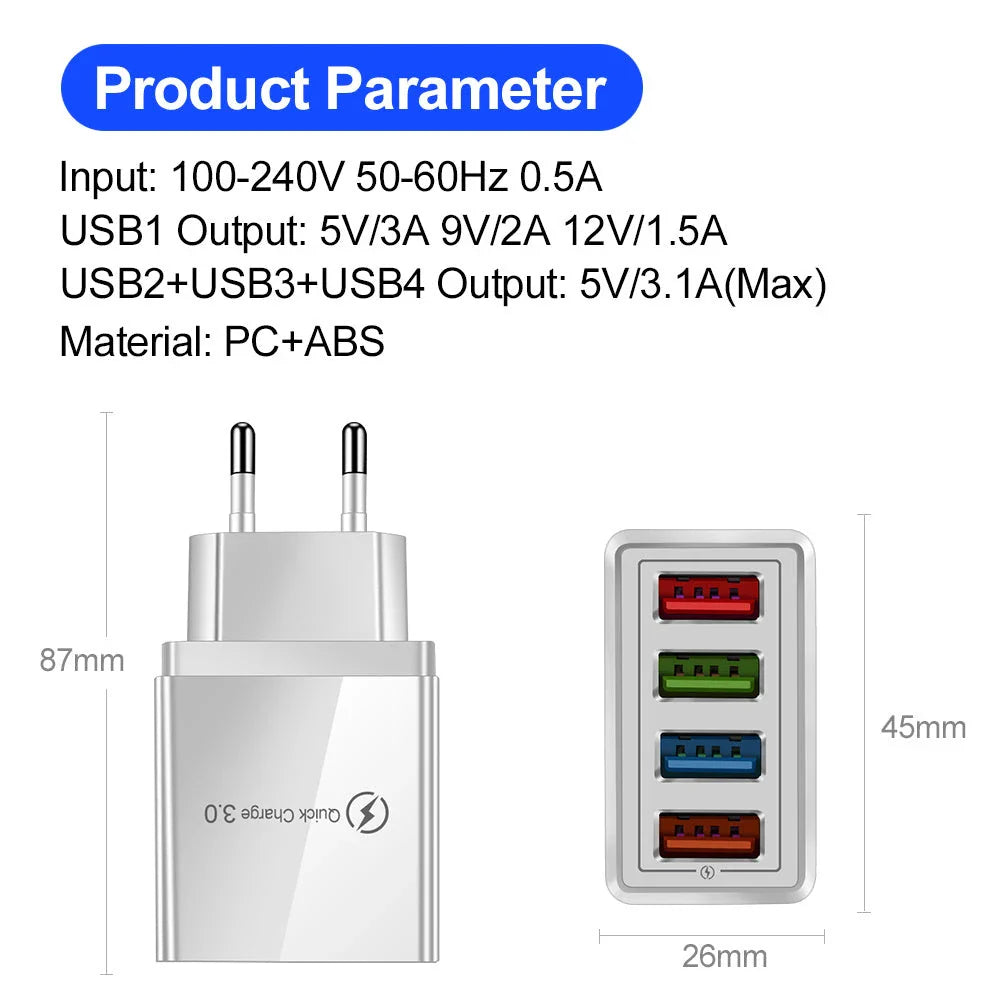 4-Port High-Speed USB Wall Charger with Quick Charge 3.0 Technology for Simultaneous Charging of Multiple Devices