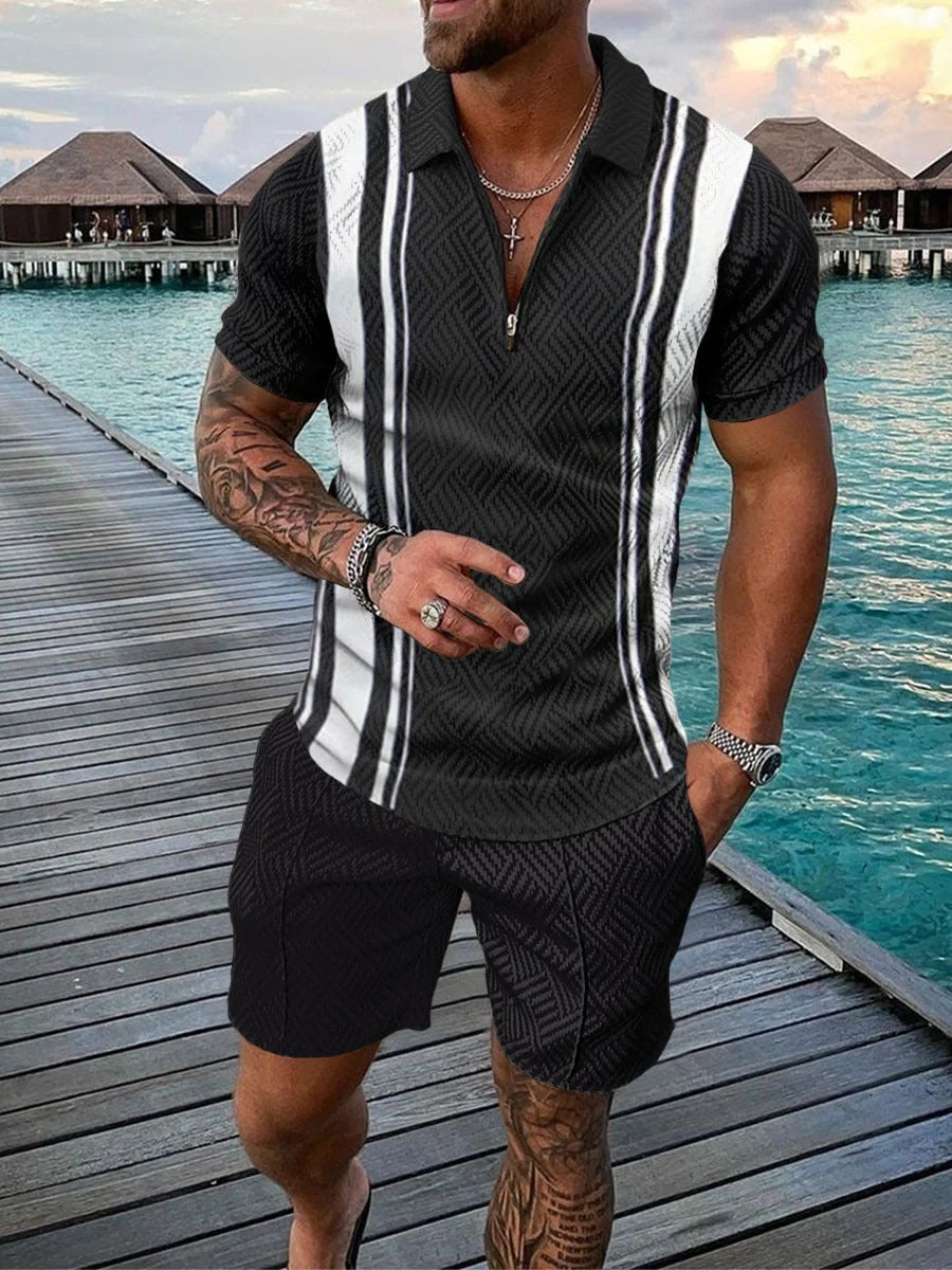 Men's casual contrast polo zip lapel shirt with shorts set in various colours