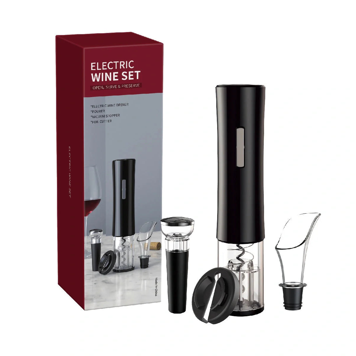 Rechargeable electric wine opener with USB charging cable and LED light